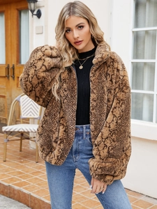 Damen Mode Kunstpelzmantel Vintage Schlangenmuster Stehkragen Reißverschluss Locker Lässig Warm Herbst Winter Jacke