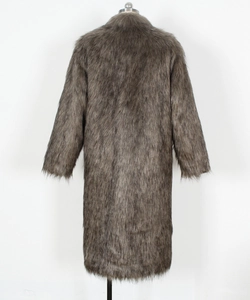 Rear view detail of a long taupe faux fox fur coat with a plush texture and stand collar