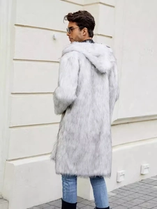 Men's long faux fur hooded coat in gradient white and grey for winter warmth