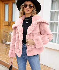 Detail of soft pink faux fur texture and lapel design on this short winter jacket