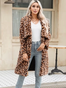 Manteau long en fausse fourrure léopard pour femme avec revers large d'hiver
