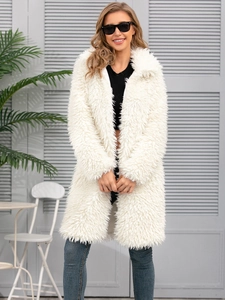 Women Long Faux Fur Coat Winter Warm Plush Jacket Lapel Open Front Outwear Elegant Commuter Streetwear Loose Overcoat