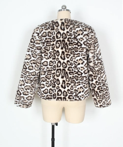 Back view of leopard print faux fur coat featuring long sleeves and round neckline