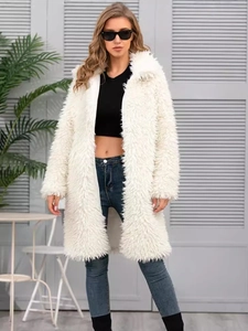 Chic women's white faux fur long sleeve coat with lapel collar for autumn and winter style