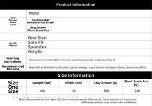 Size chart and fabric details for the 160x24cm faux fur shawl wrap in grey brown