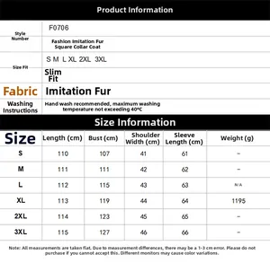 Size chart showing measurements and care guide for faux fur collar long coat