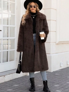 Deep brown faux fox fur long coat for women with classic lapel in a stylish winter look