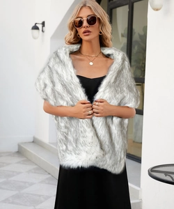 Close-up of grey faux fur shawl showing premium fluffy texture and layered fibers