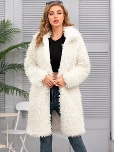 Elegant white long faux fur coat with plush lapel collar for autumn winter fashion