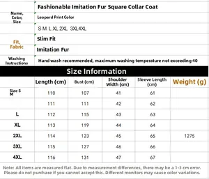 Size guide for faux leather leopard coat showing length, bust, shoulder, and sleeve metrics