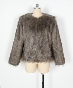Front view of grey faux fur coat featuring round neck and long plush textured sleeves