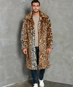 Close-up detail of leopard print faux fur texture and lapel design on men long coat