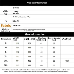 Detailed size chart for men faux fox fur coat style F0839 with S-3XL measurements