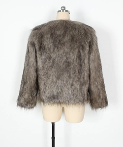 Detailed back view of women's faux fur coat in taupe mixed texture on a mannequin
