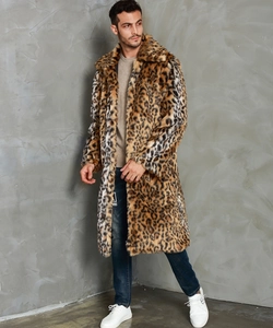 Full view of men's long faux fur coat with bold leopard print and wide collar design