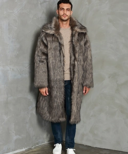 Detailed close-up of mixed grey faux fox fur coat with a wide collar for winter
