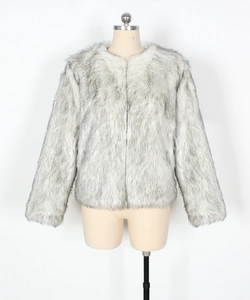 Close-up of grey and white faux fur texture on this stylish round neck cropped coat