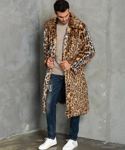 Detail of men's faux fox fur coat with leopard print and warm lapel collar design