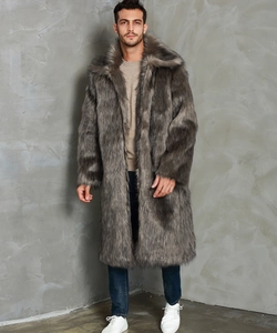Texture detail of men's long faux fox fur coat in grey with a soft premium finish