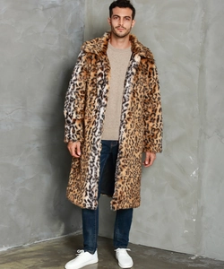 Faux fur leopard print coat texture detail and mens stylish winter outfit display