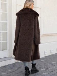 Deep brown long faux fox fur coat with plush texture and wide lapels for women