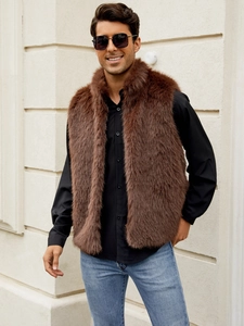 Gilet en fausse fourrure de renard marron pour homme avec texture épaisse et douce