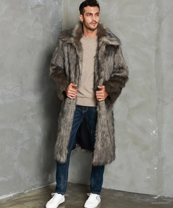 Close-up of mens brown gradient faux fox fur coat with wide lapels and thick texture