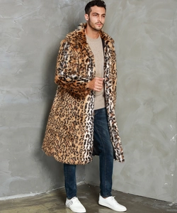 Detail view of men's long faux fox fur coat with a classic leopard print and wide lapels