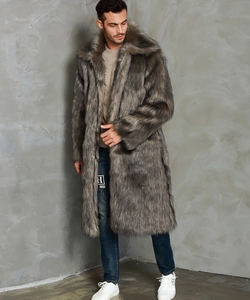 Full body view of a men's long faux fox fur coat in grey brown with wide lapels