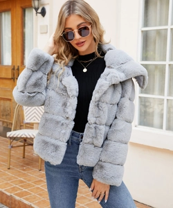 Detail of light gray faux fur jacket showing plush texture and horizontal stripes