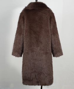 Macro detail of the plush dark brown faux fur texture on the long winter coat back