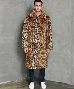 Men's full-length leopard print faux fur coat featuring wide lapels and a warm long fit