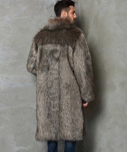 Rear view of long faux fox fur coat for men showing warm brown texture and straight silhouette