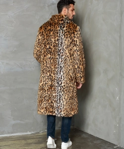 Detailed back view of a men's long faux fur coat featuring a bold leopard print pattern