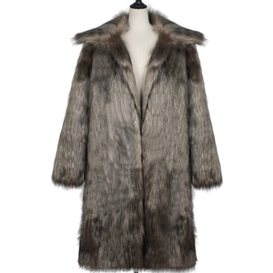Detail of grey-brown faux fox fur coat showing thick texture and wide lapels for winter