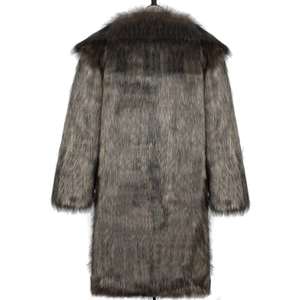 Rear view of long faux fox fur coat for men featuring vertical grey brown textures