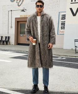 Close-up of men's faux fox fur coat in dark grey with thick, warm, fluffy texture