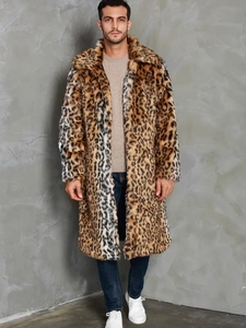 Men Long Leopard Print Faux Fur Coat Thick Warm Winter Lapel Overcoat Luxury Animal Pattern Outerwear For Men