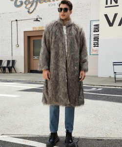 Outdoor shot of men long faux fox fur coat in dark grey and brown with tall collar