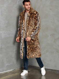 Men's faux leopard fur long coat with notch lapel for warm stylish winter wear