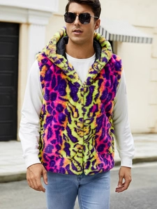 Gilet en Fausse Fourrure pour Hommes à Capuche Imprimé Léopard Coloré Hiver Chaud Sans Manches Mode Streetwear