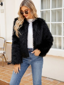 Giacca da Donna in Pelliccia Sintetica alla Moda Corta Girocollo Manica Lunga Tinta Unita Peluche Cappotto Invernale Casual
