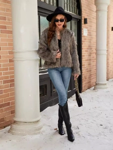 Brown mixed faux fur short jacket for women featuring a round neck and long plush texture