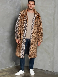 Mens long faux fox fur leopard print coat with oversized lapel and warm thick texture