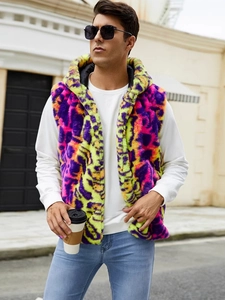 Gilet à capuche en fausse fourrure pour homme avec imprimé léopard violet et vert néon