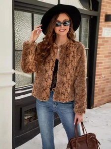 Short brown faux fur coat with snake print, round neck design for women in street style