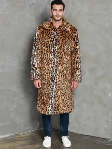 Men's faux fox fur leopard print long coat featuring a stylish wide lapel and warm thick fur