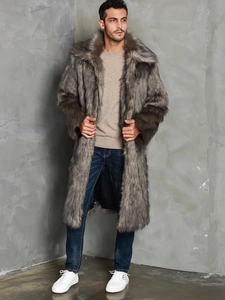 Men's long faux fox fur coat in grey-brown featuring a large lapel and warm winter style