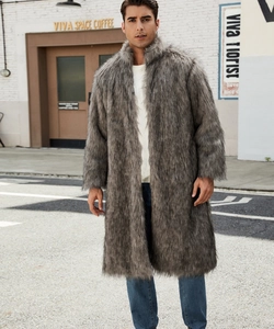 Detail of grey faux fox fur coat texture on a long men's winter warm street style jacket