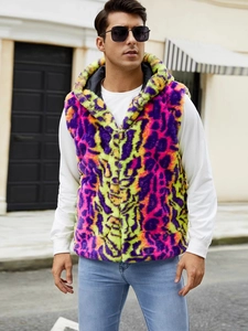 Gilet à capuche en fausse fourrure pour homme avec imprimé léopard coloré jaune et rose